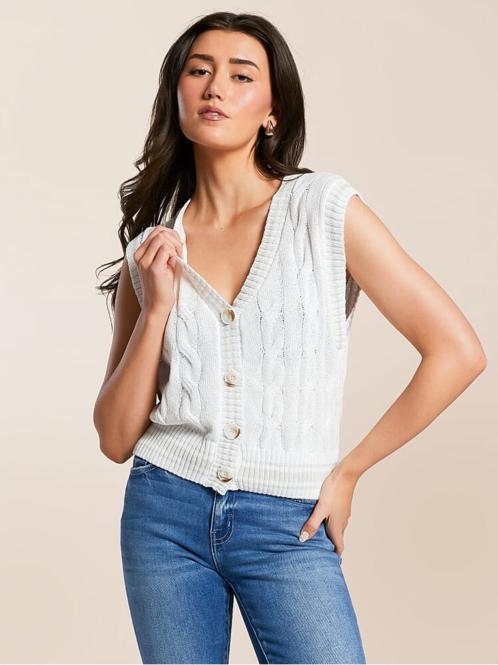 Z Supply Fairway Sweater Vest- Cream Cable Knit Vest- Large